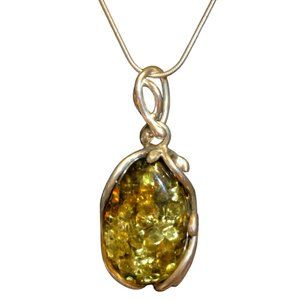Chain and Green Amber Pendant with Inclusions